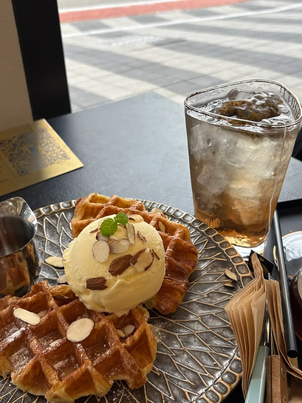 Thick ice cream on top of the croffle