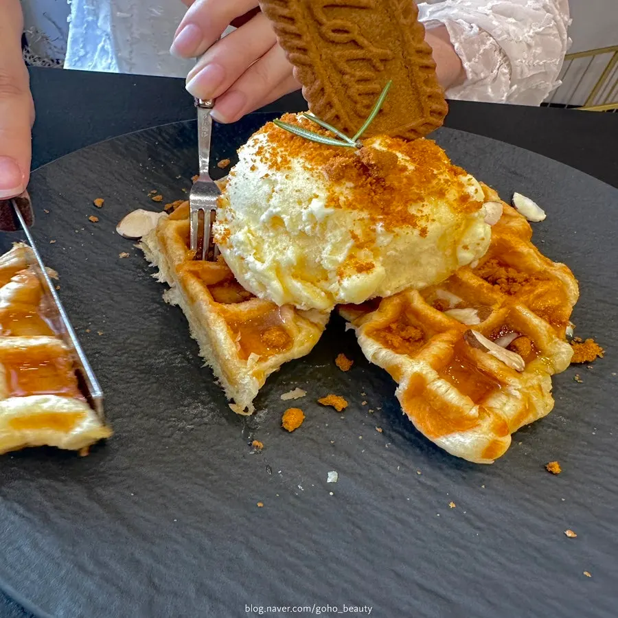 Cross-section of the cut croffle with melted ice cream