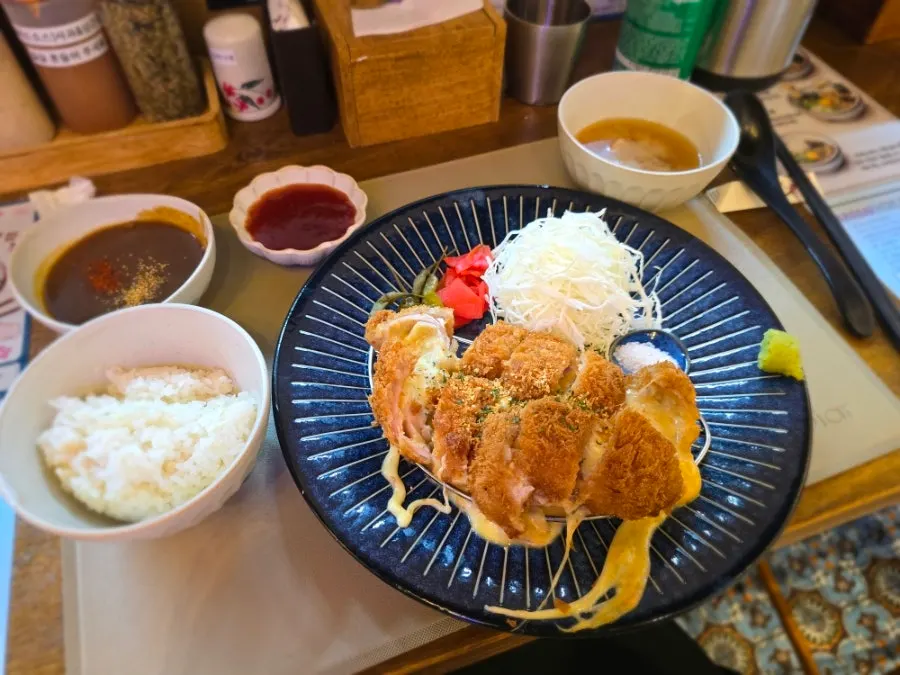 The full cordon bleu set with rice and miso soybean paste soup