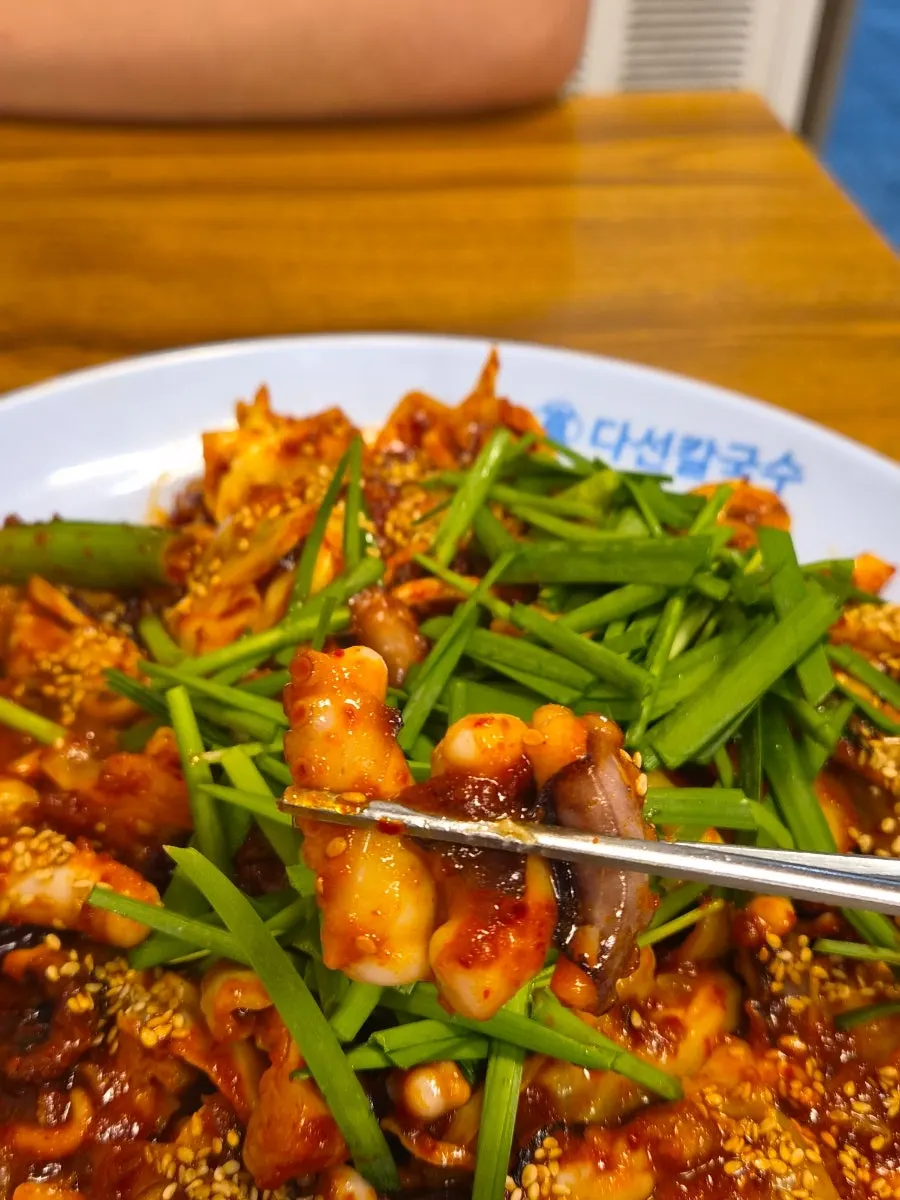 Close-up of plump octopus pieces in the bulnakji-bokkeum
