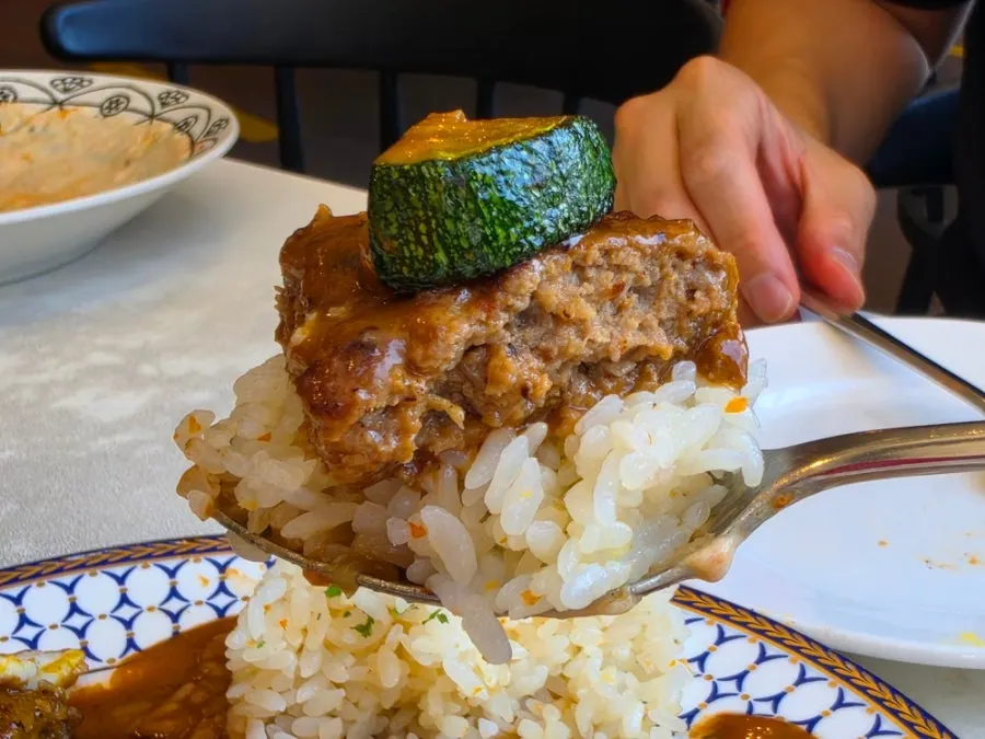 Hamburg steak with fried egg and fried rice