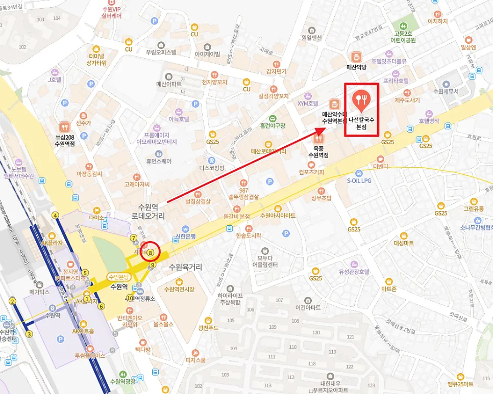Daseon Kalguksu location on Suwon Station Rodeo Street