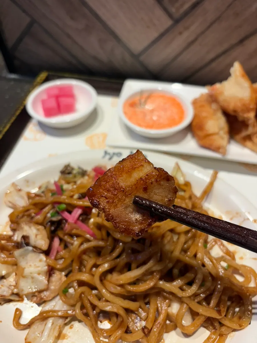 Close-up of yakisoba noodles coated in sauce