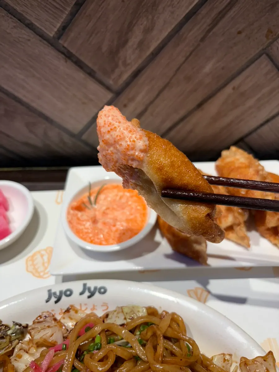 Five gyoza served with mentai mayo sauce