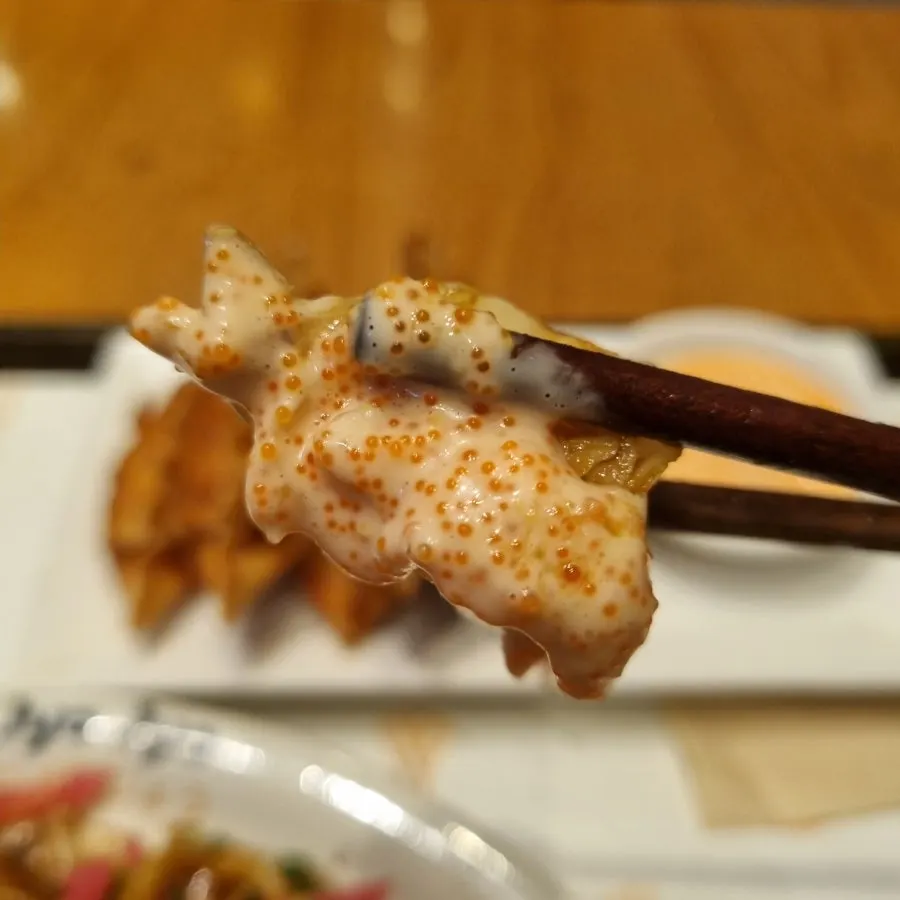 Yakisoba vegetables dipped in mentaiko sauce