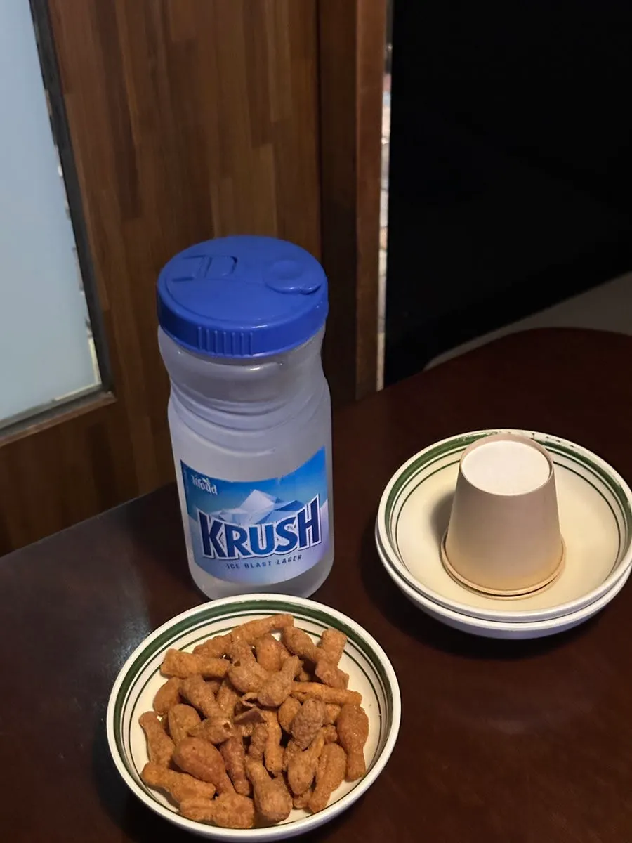 Complimentary chicken-leg-shaped crackers and water