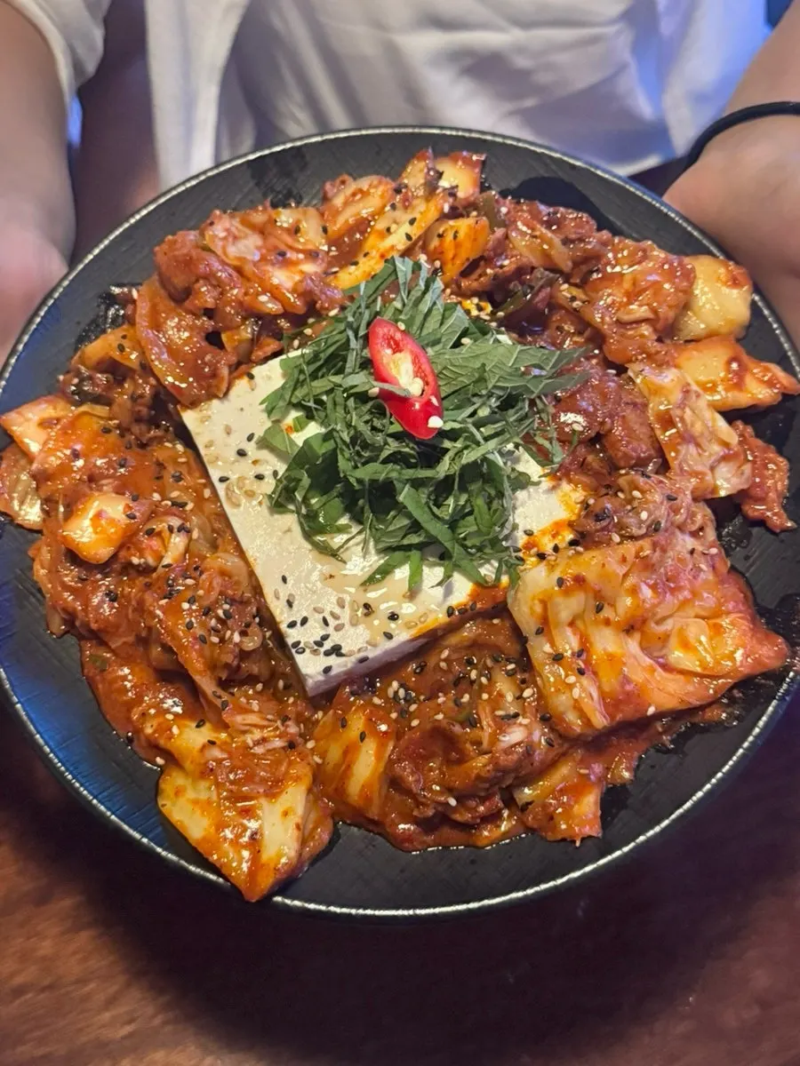 Steamed rice topped with Spam