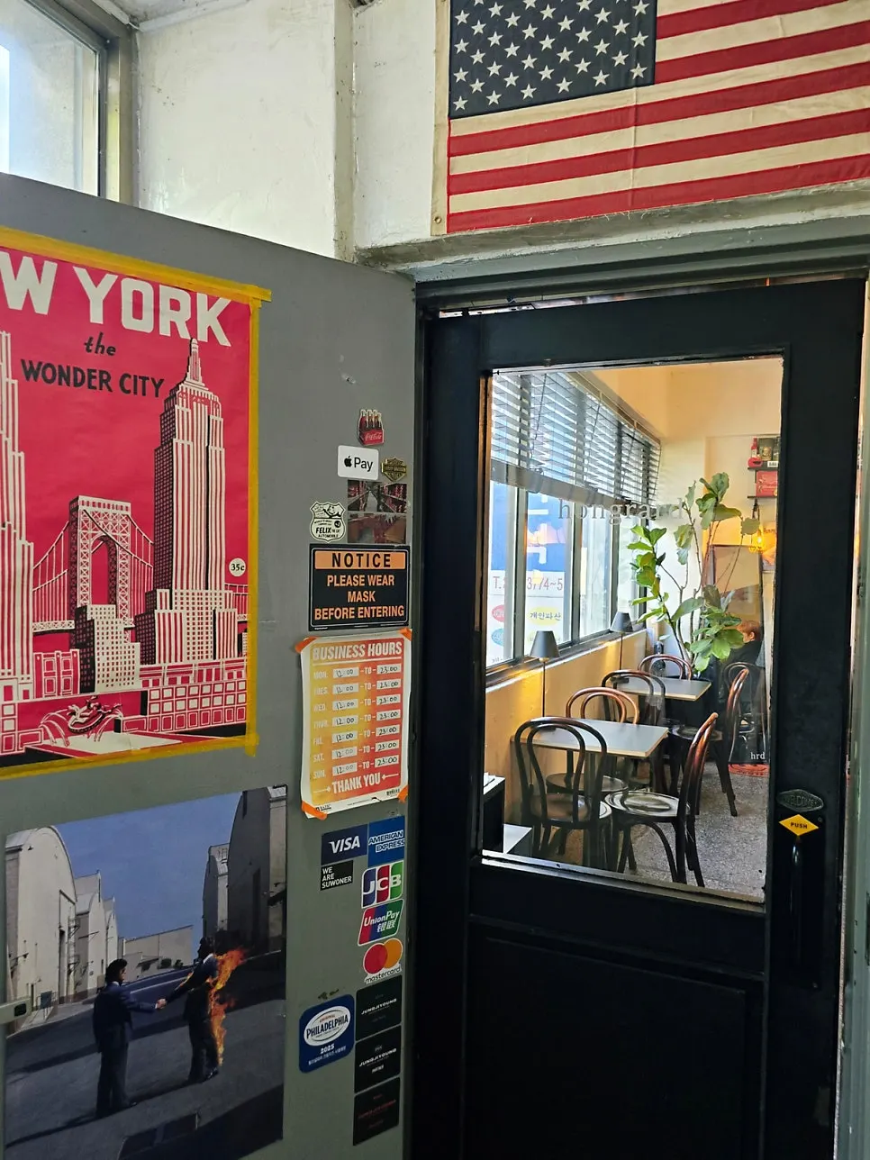 Vintage-style objects at the café entrance