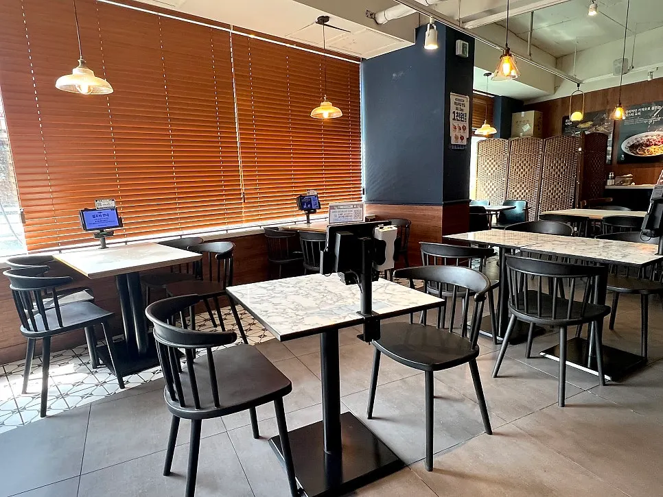 Interior with high ceilings and tables