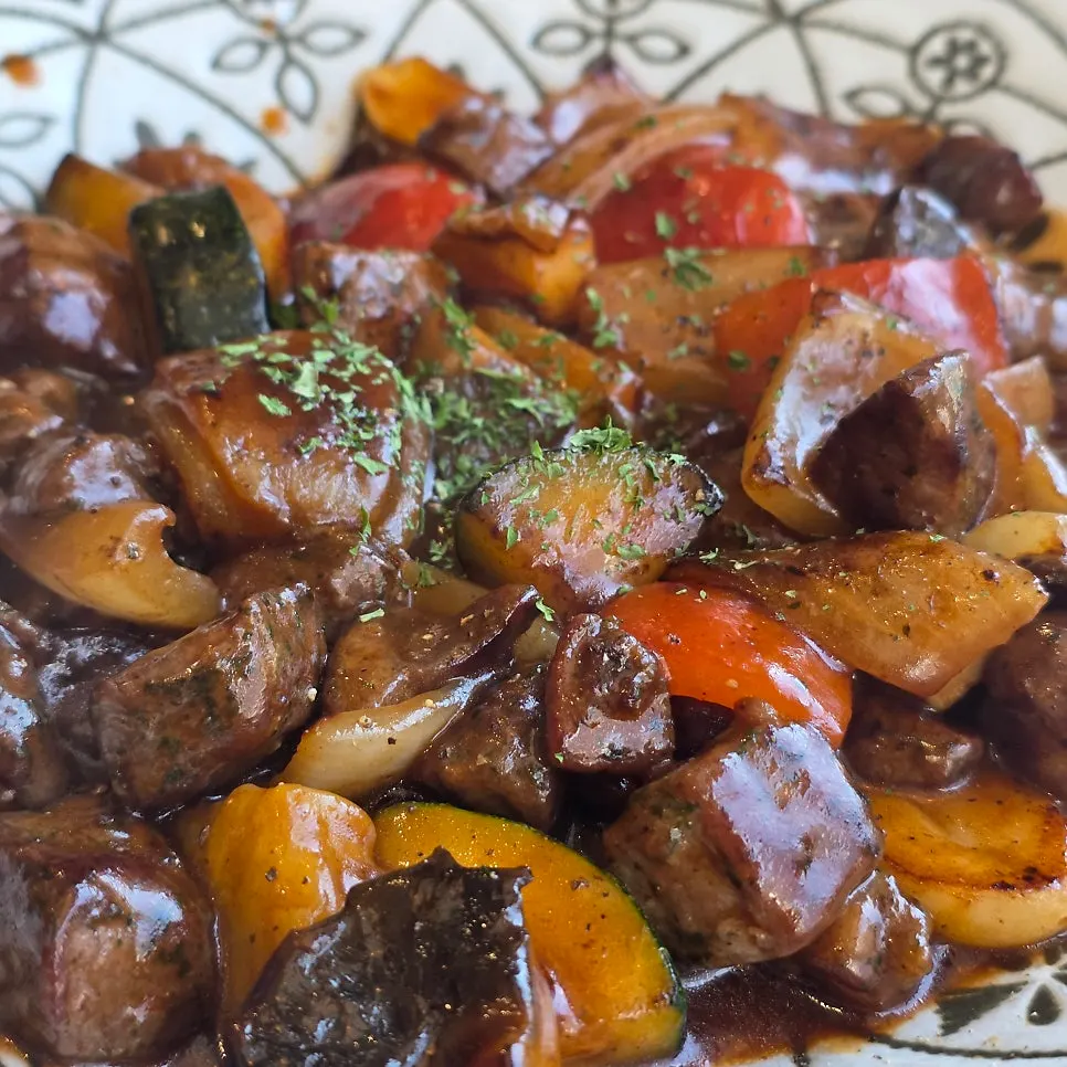 A bite-sized piece of chop steak