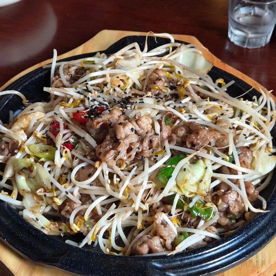 A plate of beef brisket bean sprout stir-fry piled high with brisket