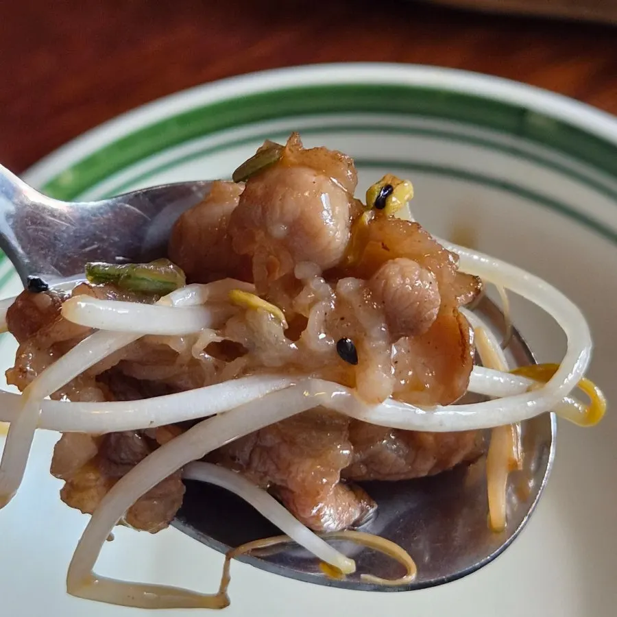Picking up bean sprouts and brisket with chopsticks