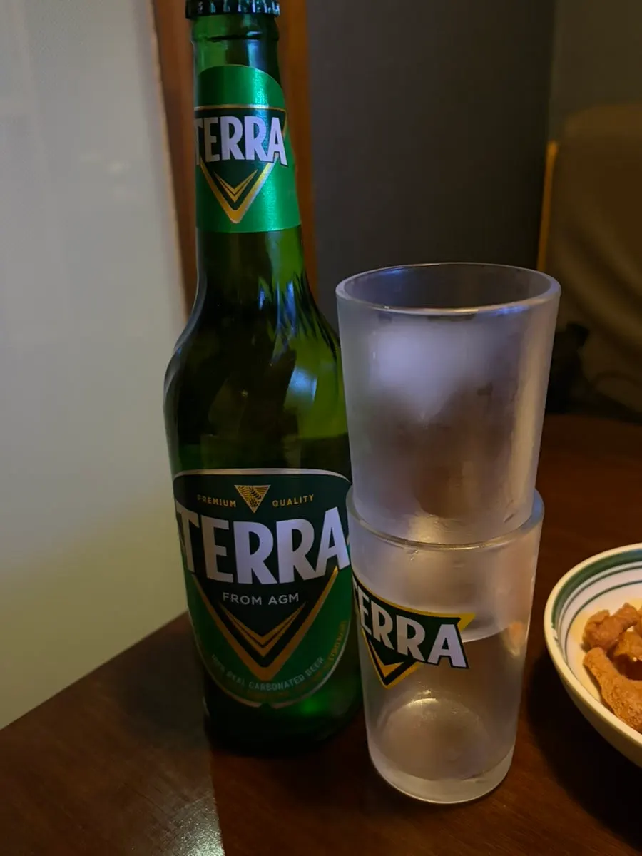 Terra beer bottle and glass we ordered