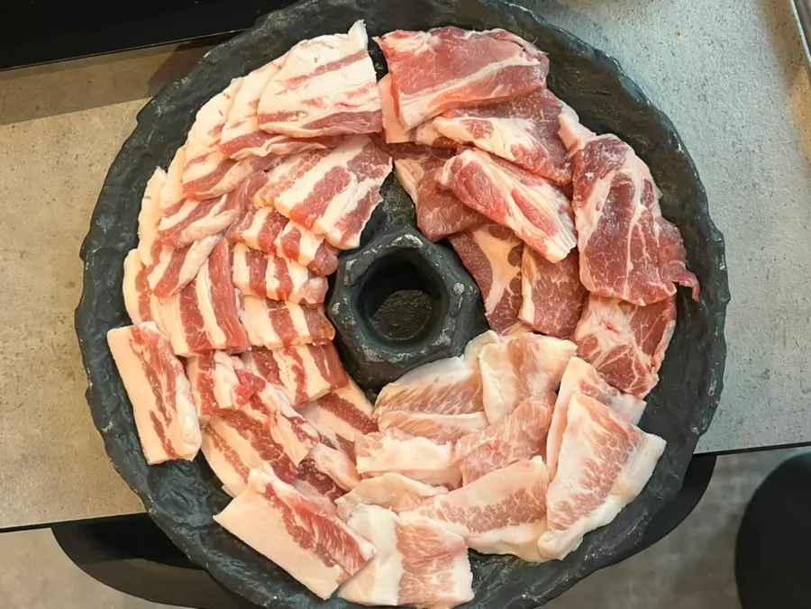 Mixed stone-grill platter with pork belly, pork neck, and thousand-layer pork belly