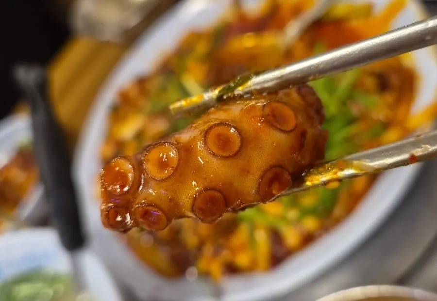 Close-up of the smoky char on bulnakji-bokkeum