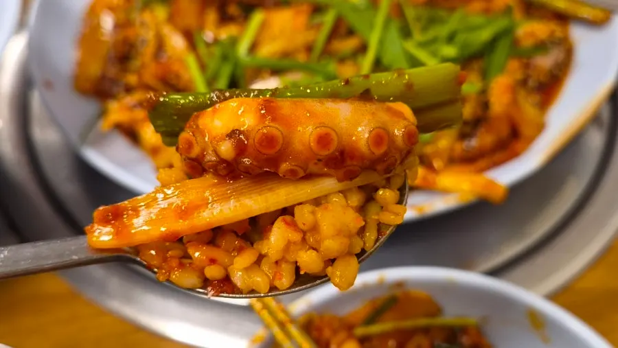 A plate of bulnakji-bokkeum with whole octopus pieces