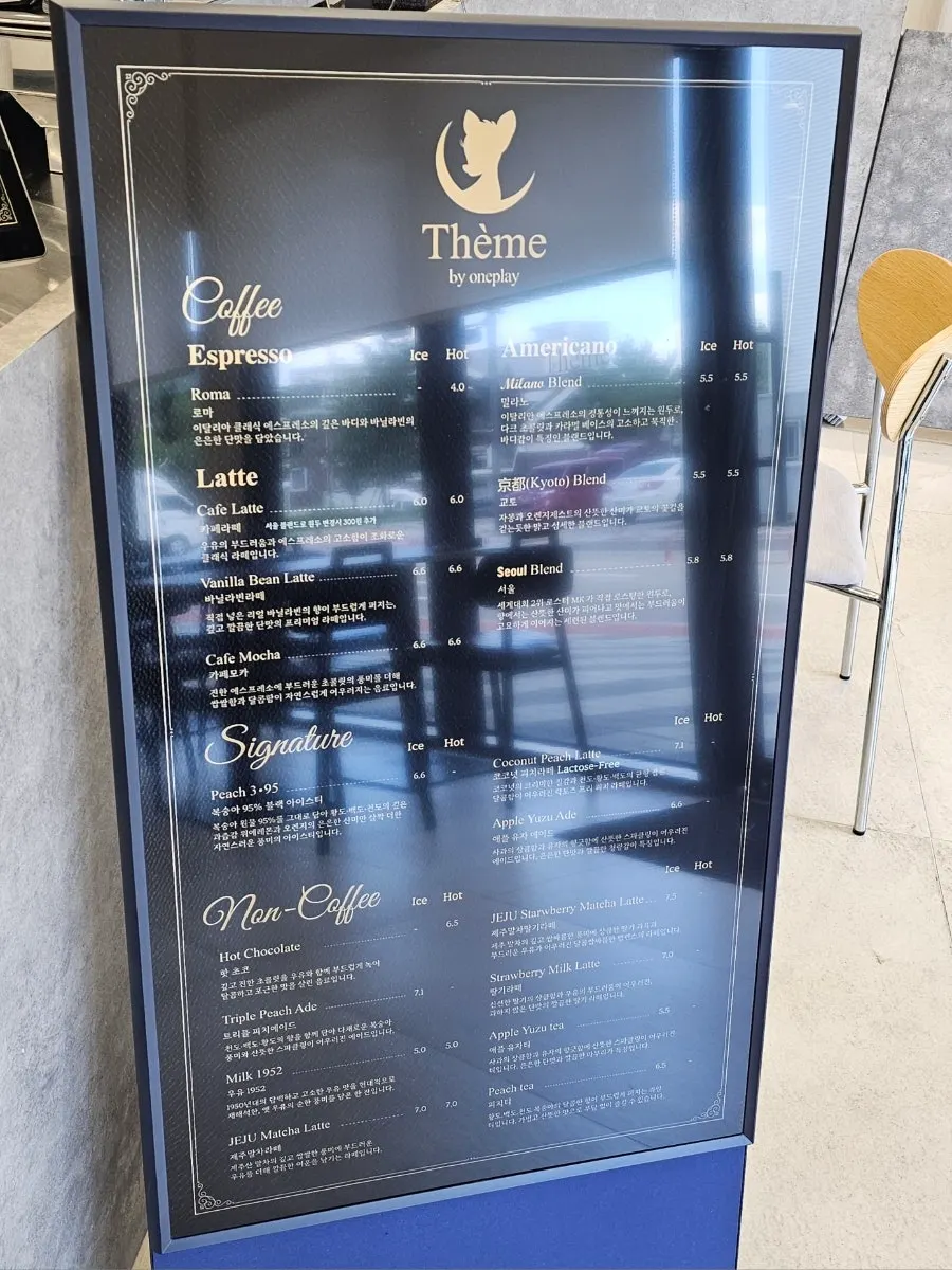 Café menu board listing coffee and non-coffee drinks