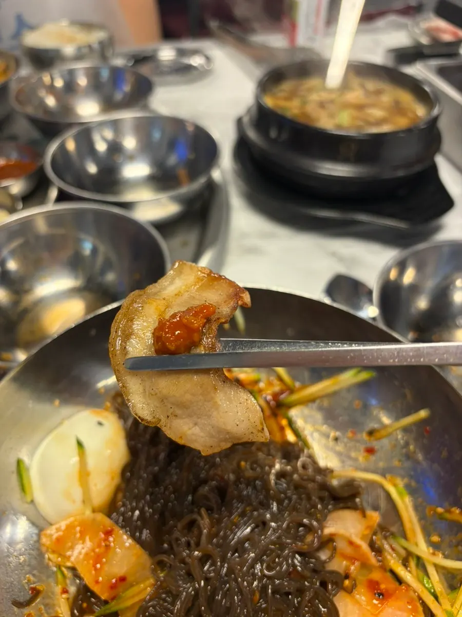 Frozen pork belly enjoyed with side dishes