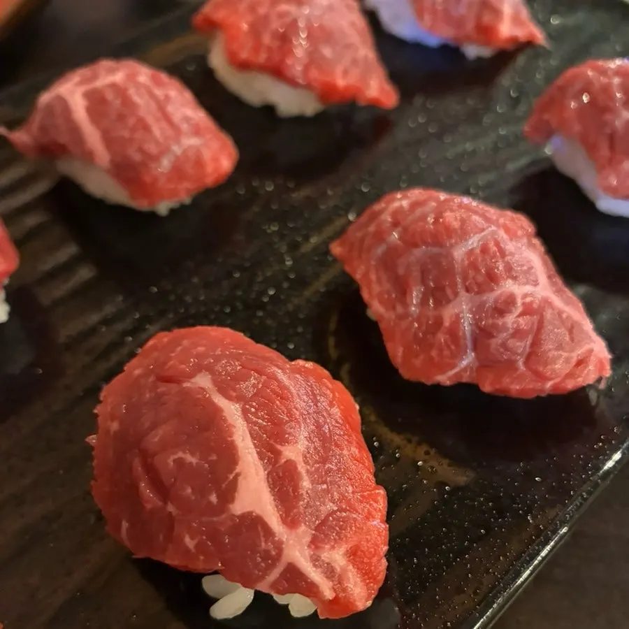 Close-up of a piece of hanwoo sushi