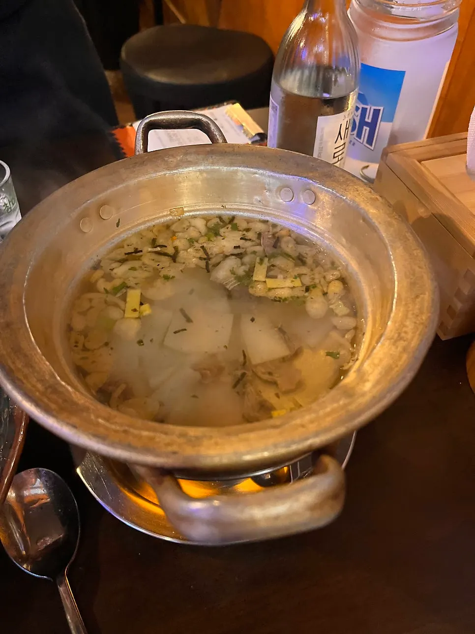 Beef radish soup served as a complimentary side dish