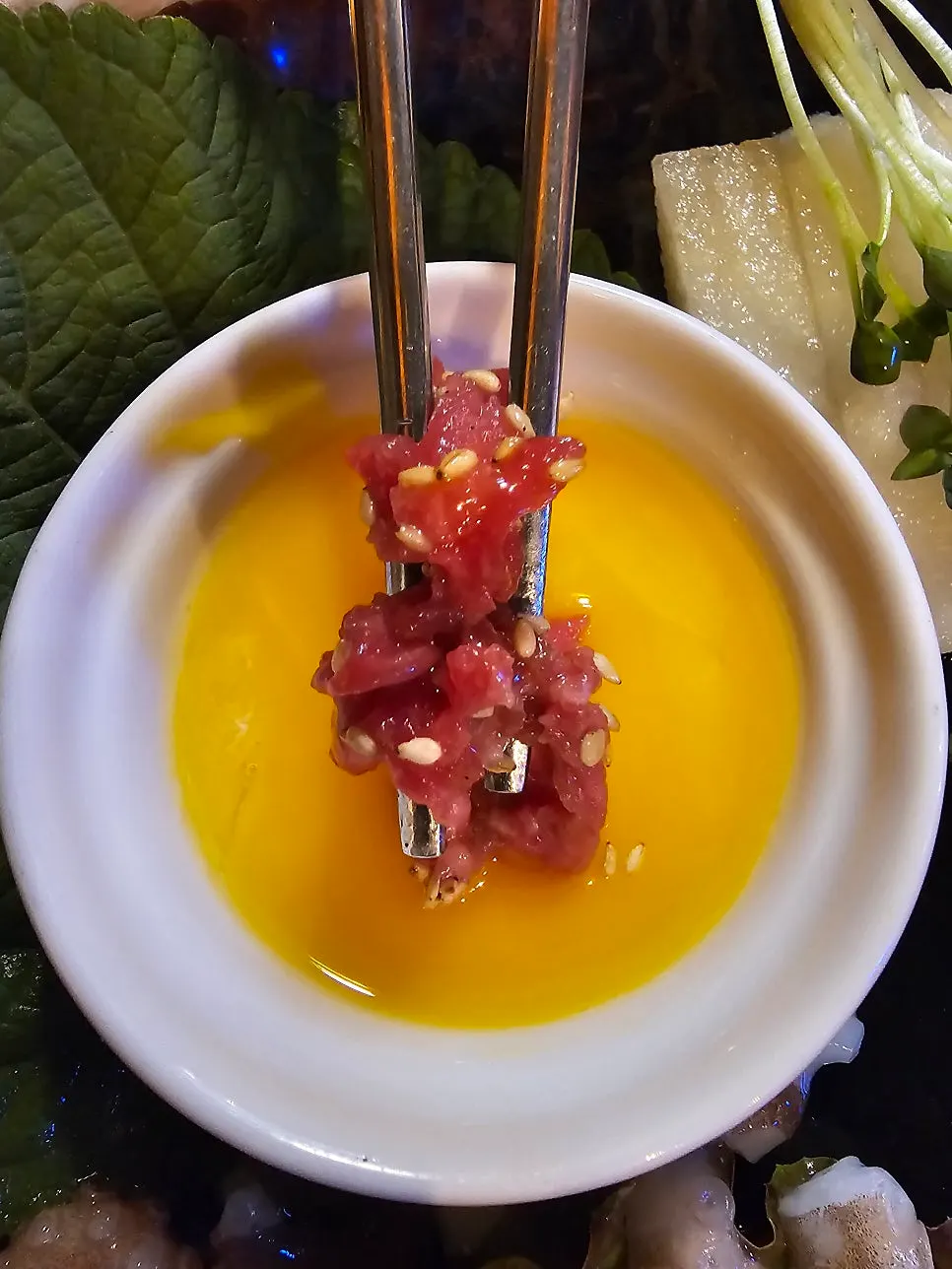 Chilled Korean beef yukhoe topped with egg yolk