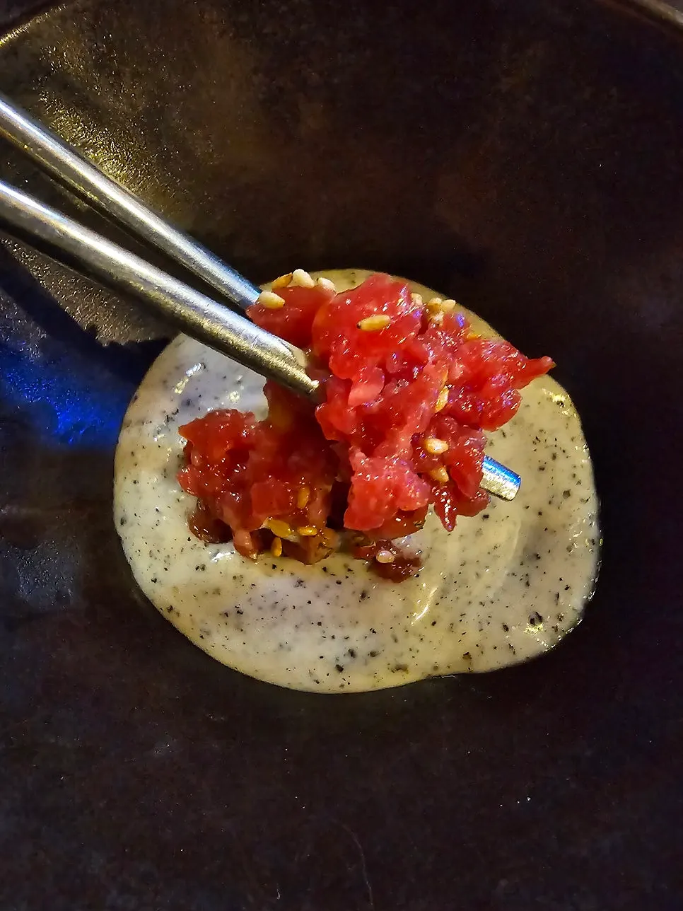 Korean beef yukhoe dipped in black sesame sauce