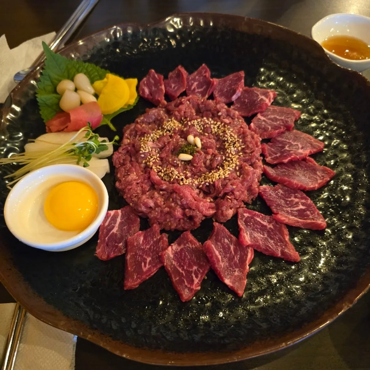 Chilled Korean beef tartare and beef sashimi platter