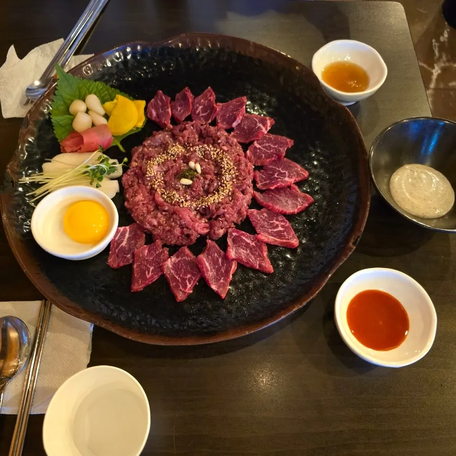 Chilled Korean beef tartare with three sauces