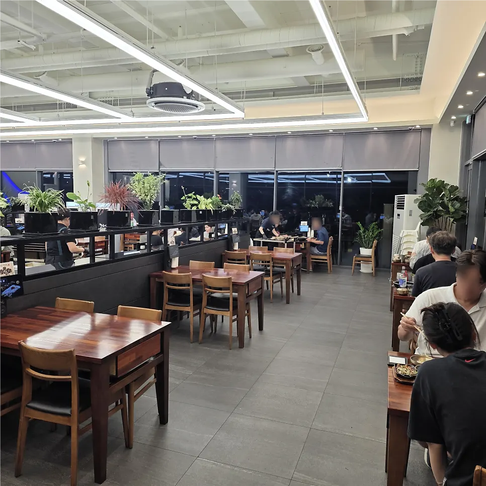 Rows of dining tables inside the restaurant