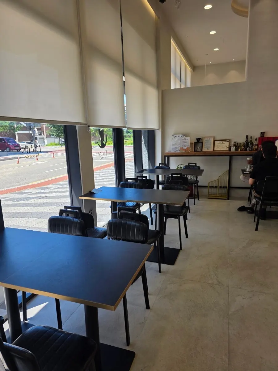 Café seating area with soft lighting