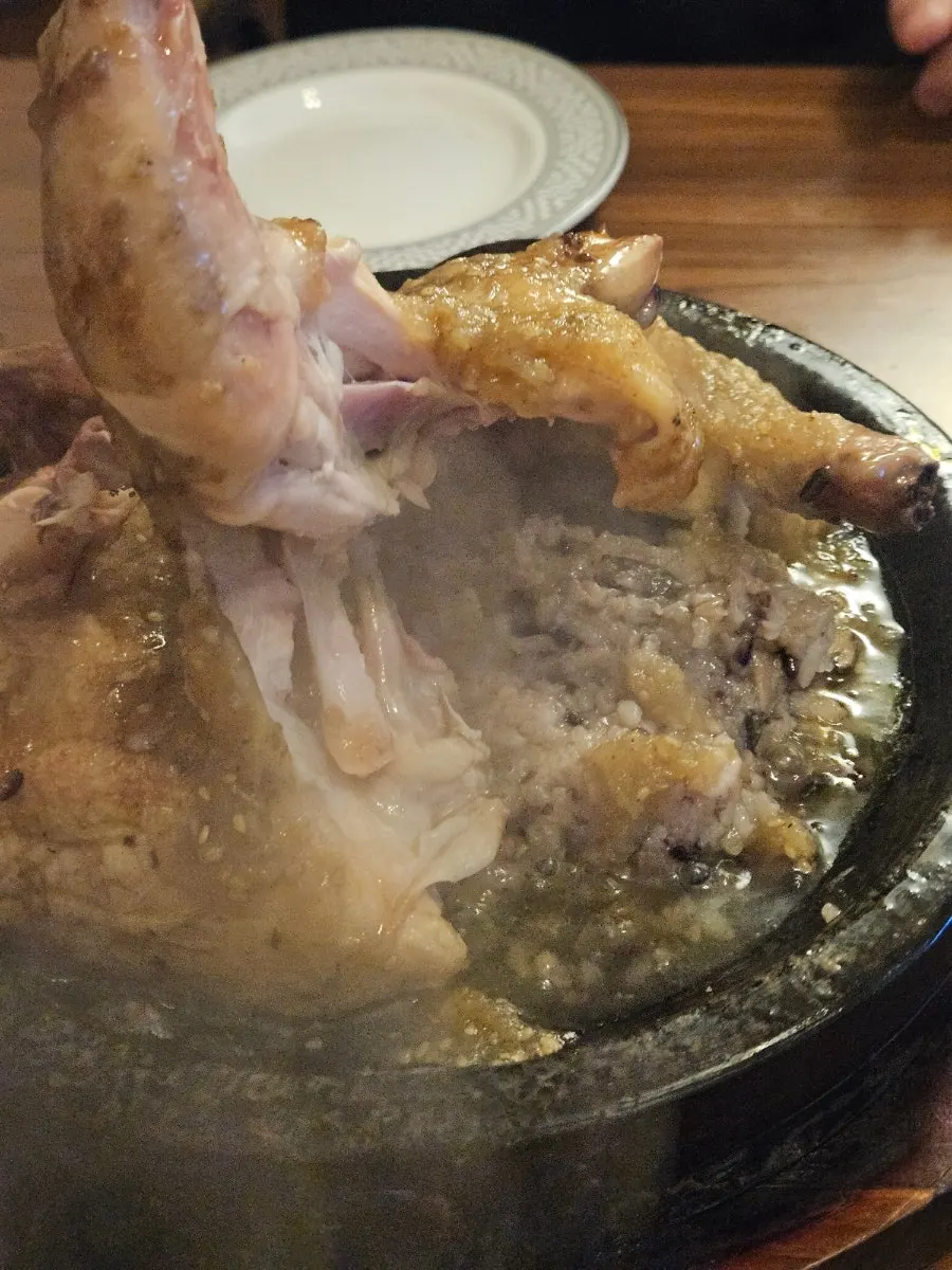 Wood-fired whole chicken with hot-plate rice