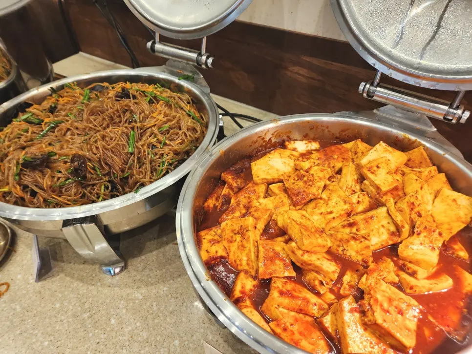 Japchae and braised tofu at the self-serve bar