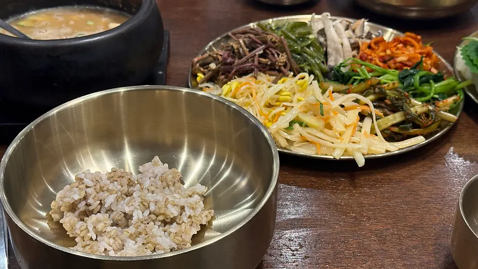 A plate piled high with namul side dishes