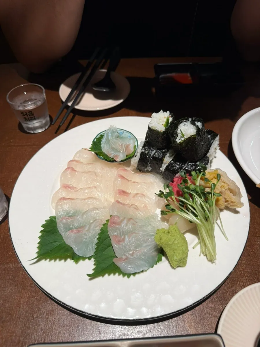 A neatly arranged plate of flounder sashimi