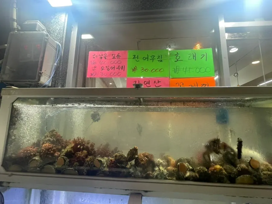 Close-up of the tank filled with seasonal seafood