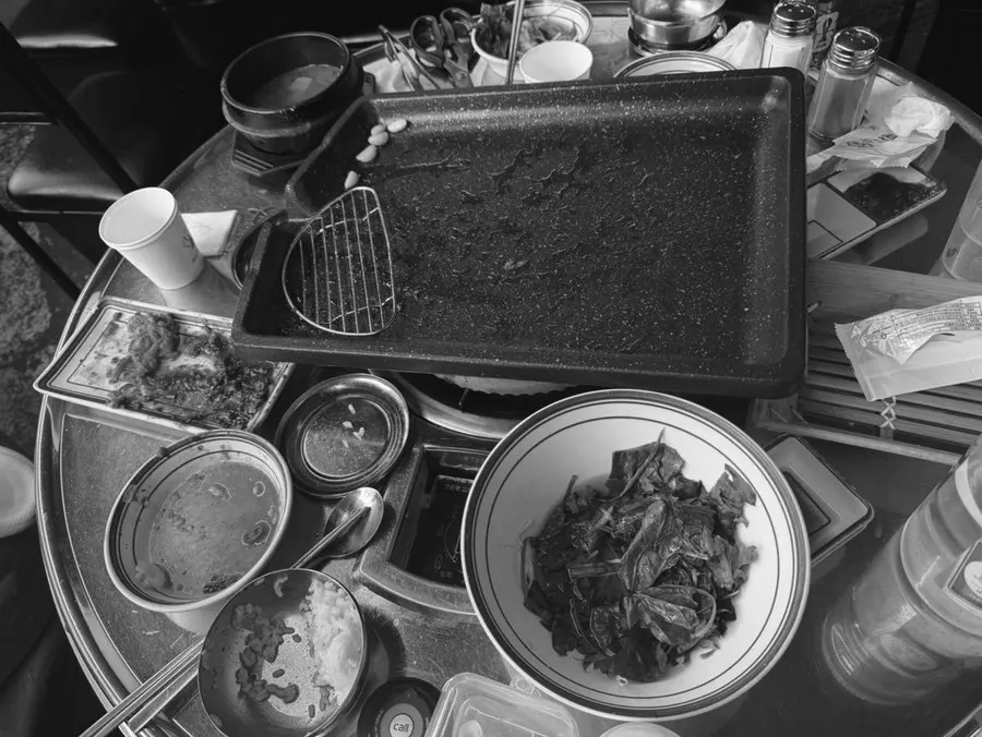 Empty plates after finishing the meal at Suyeong Naengsam