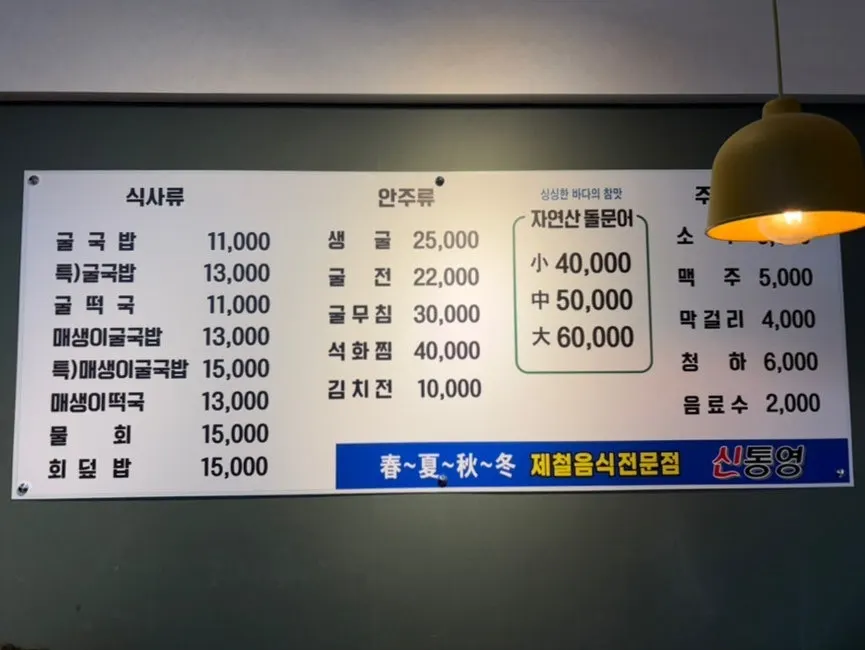Table at Sintongyeong Gul Gukbap with the assorted sashimi and hoedeopbap order