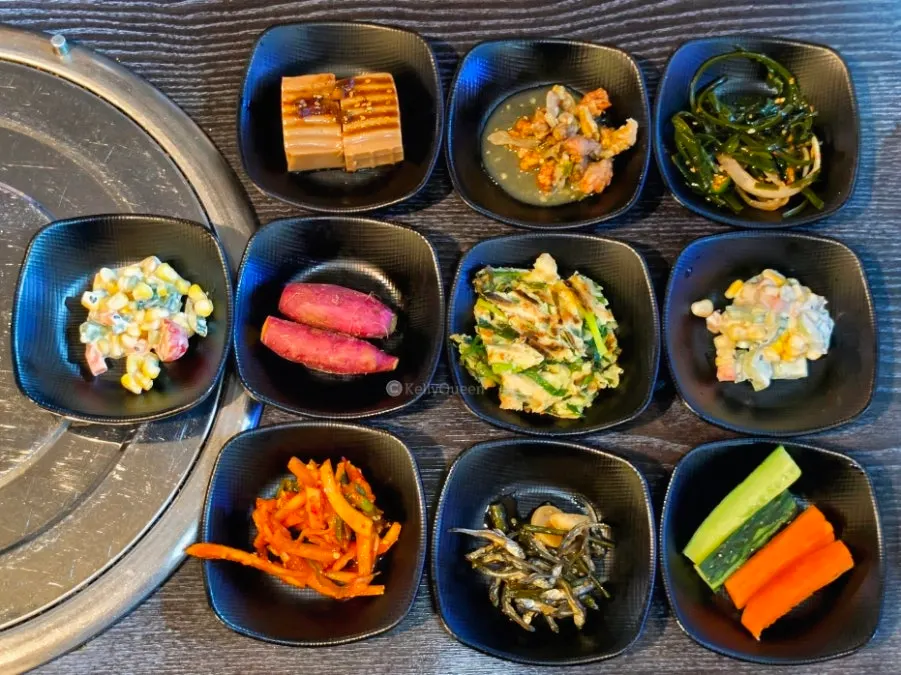 Table spread with 10 side dishes