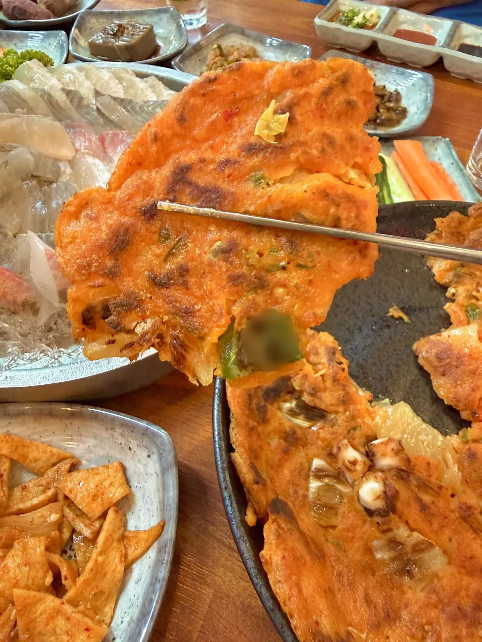 Crispy seafood kimchi jeon fresh off the pan