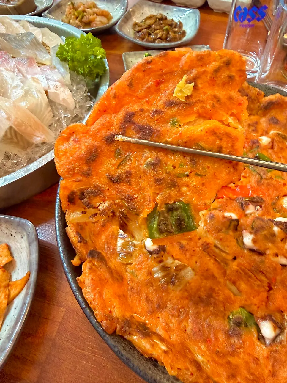 Cross-section of the seafood kimchi jeon showing squid pieces
