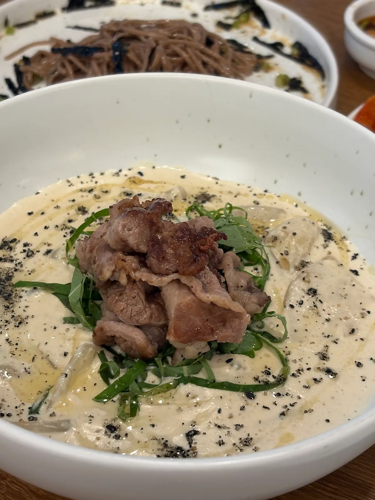 Chewy potato sujebi in the perilla cream soup