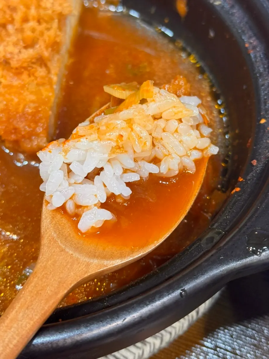 Close-up of the kimchi katsu nabe bubbling away