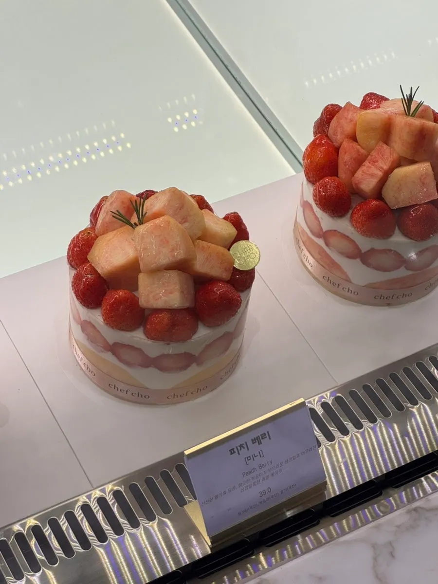 Fruit cream cakes in the showcase
