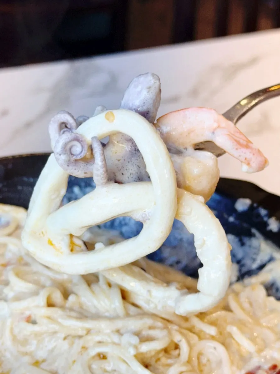 A bite with shrimp and mussels