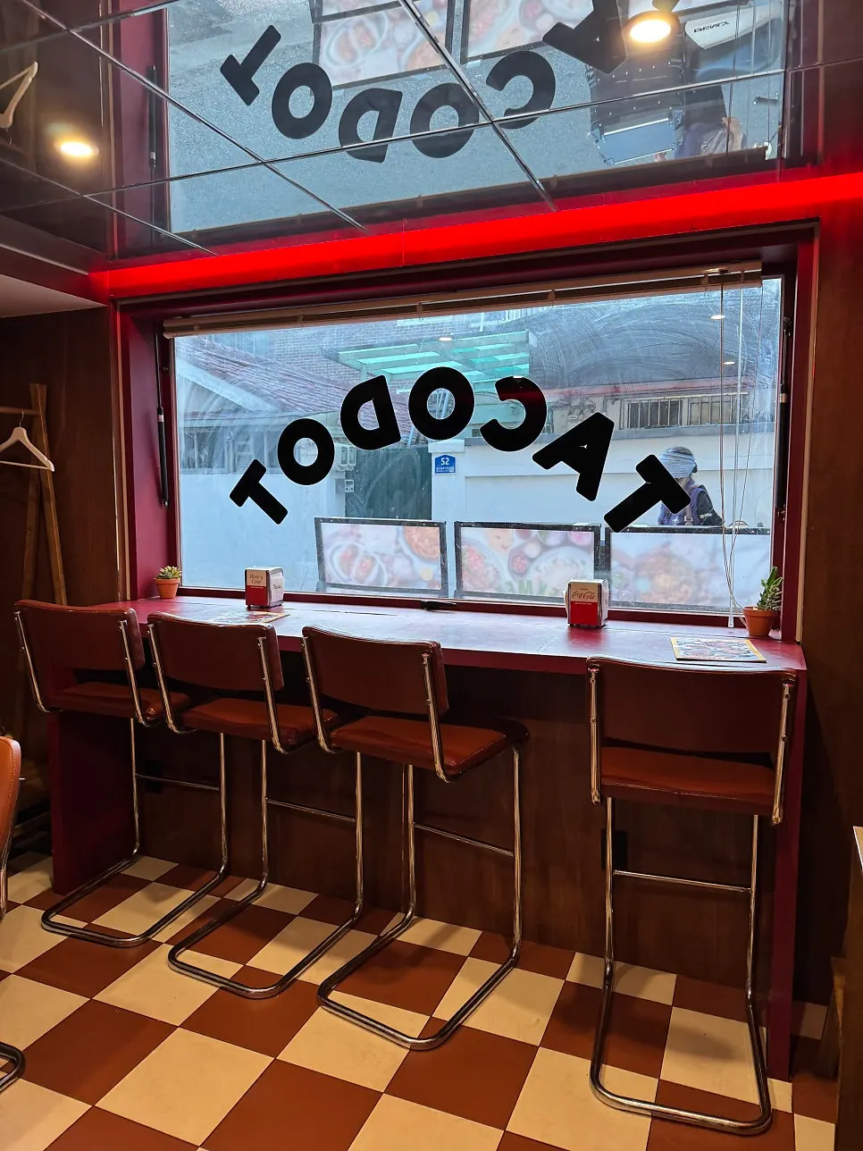 Window bar seating at Taco Dot