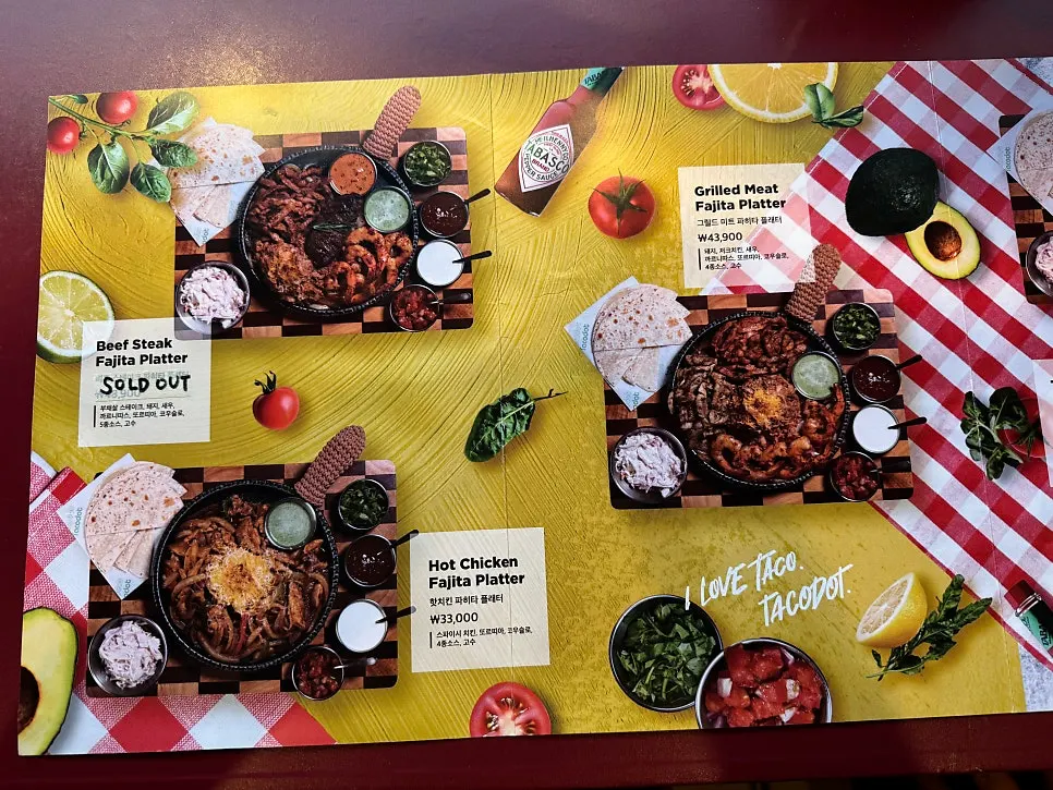 Menu page listing tacos and enchiladas