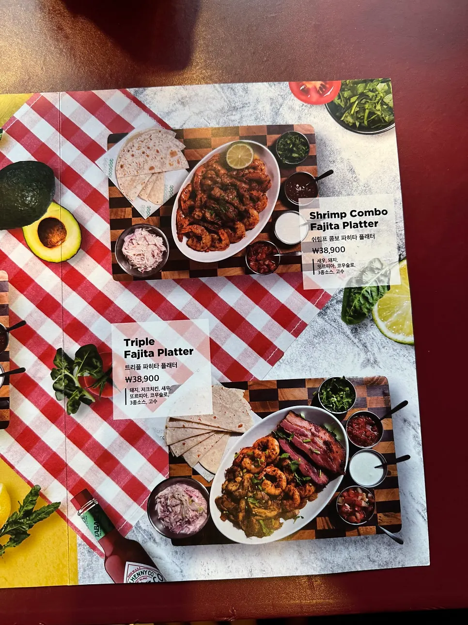 Menu page featuring fajita and chimichanga