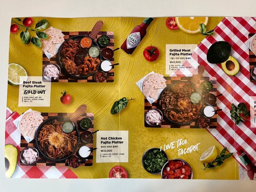 Menu board at Taco Dot Mangwon Market Main Branch
