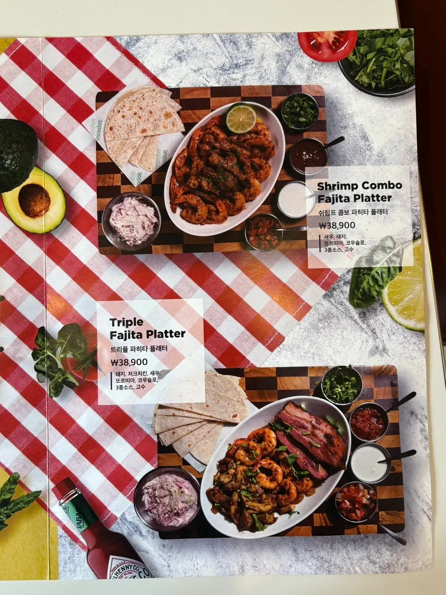 Taco Dot menu listing fajita platter and tacos