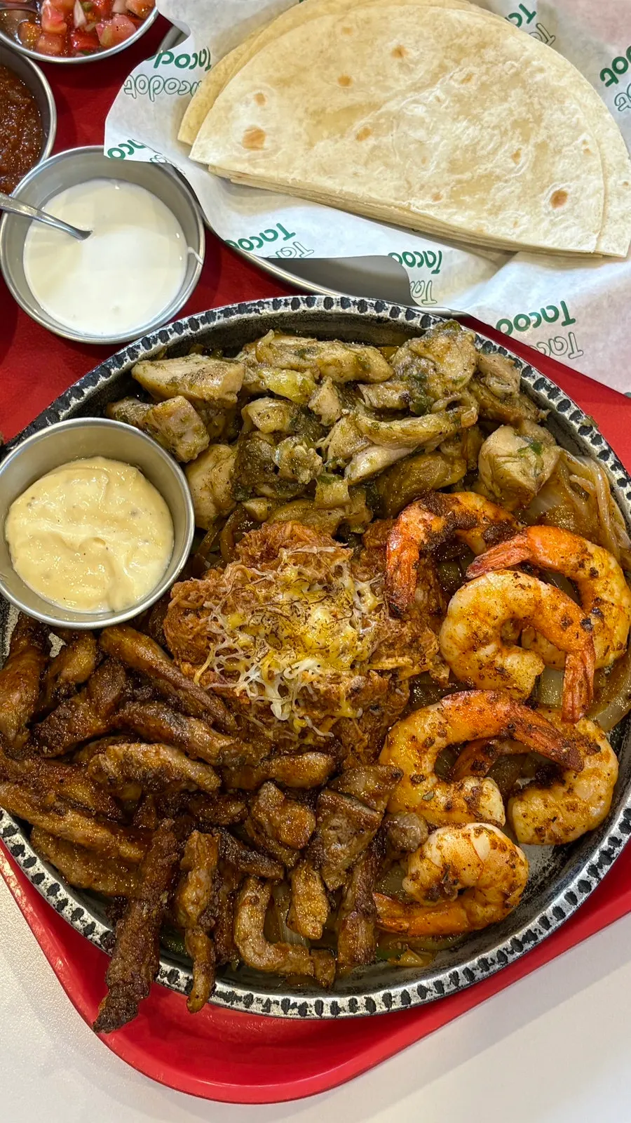 Fajita platter with grilled pork belly and grilled shrimp
